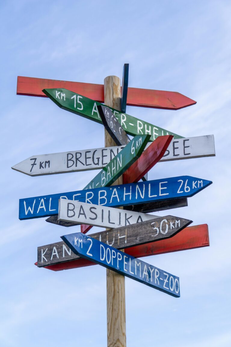 A vibrant wooden signpost showing multiple directions against a clear blue sky.